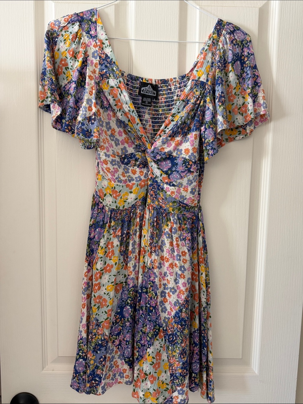 Angie Purple, White & Yellow Floral Twist-Front Mini Dress